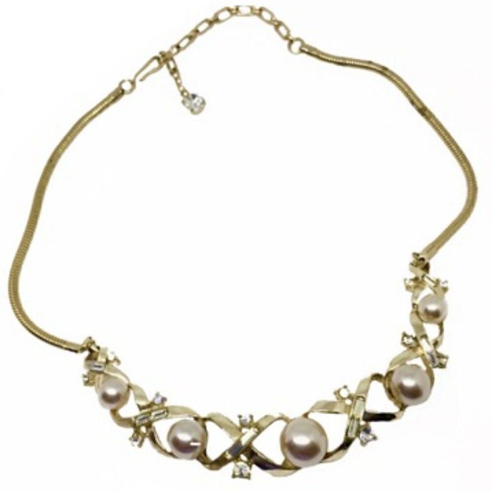 Vtg Corocraft gold pearl rhinestone 14" necklace